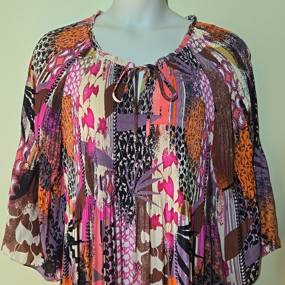 Boho Patchwork Pleated Flowy Fall Blouse Top 3X F… - image 5